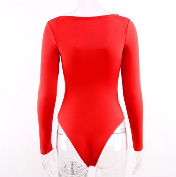 New Red Long Sleeves Cozy Square Neck Bodysuit - Picture 3 of 8